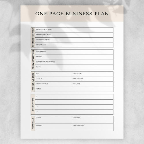 One Page Business Plan